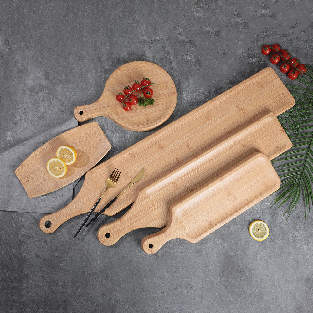 Custom Melamine Tableware Wooden Pattern Simple Pizza Western Steak Plate Chopping Board long handle tray Featured Image