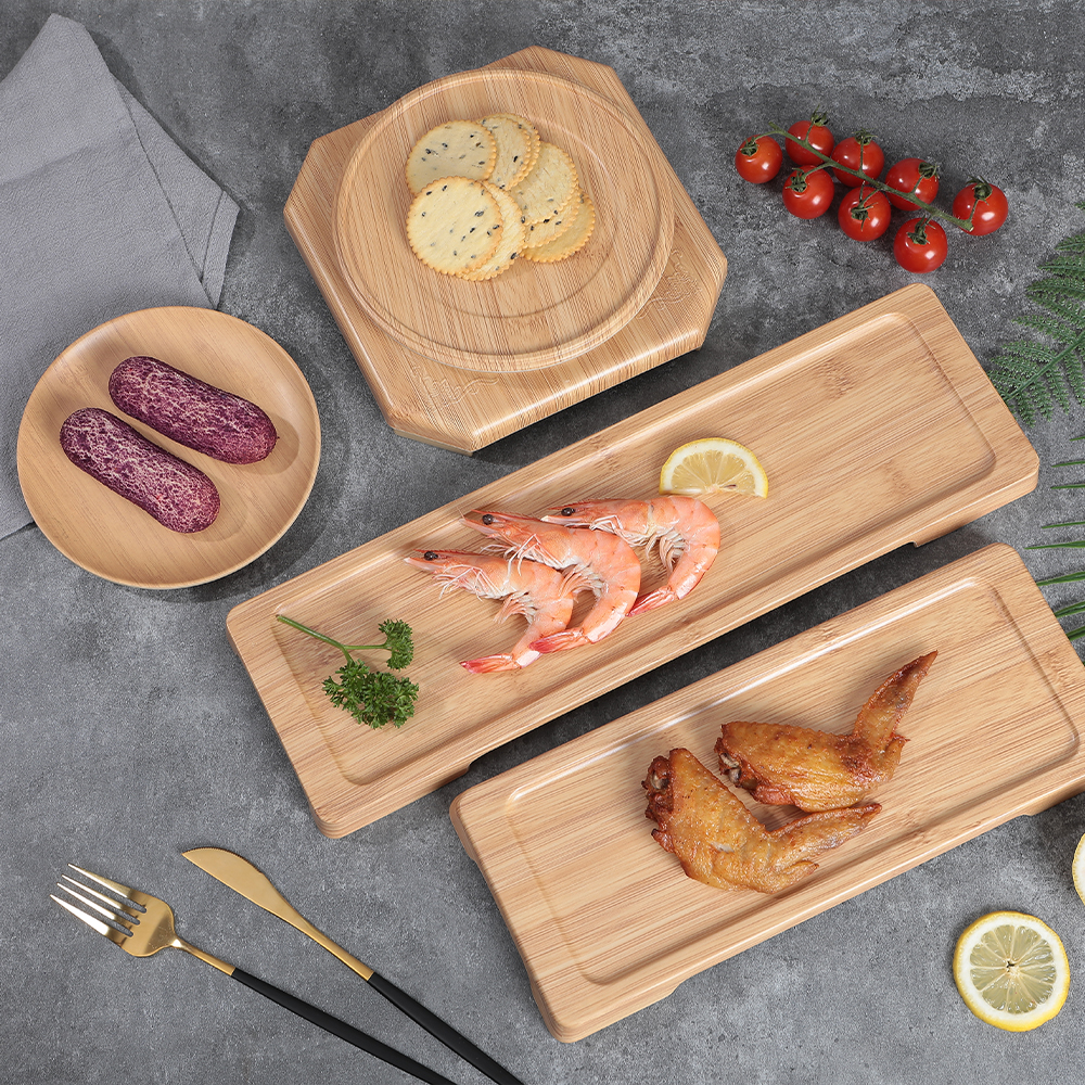 Custom Melamine Tableware Wooden Pattern Simple Light Color Food Pedestal Long Strip Tray Set Featured Image