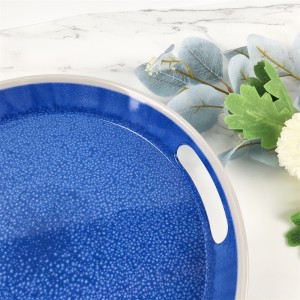 Kundenspezifisches blaues Ofenwechselmuster aus Melamin-Kunststoff, großes rundes Tablett mit Doppelgriffen