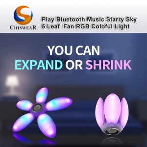 Moderne 45 W 5-bladsblæser LED Farverig Deformerbar Foldebladsventilator Fjernbetjening Natlampe med musikafspiller Bluetooth-højttaler