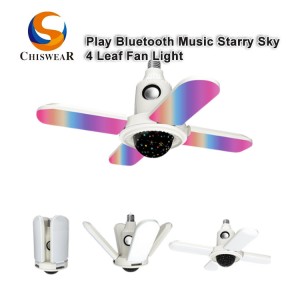 Модна 50W 4 листови LED RGB Шарена и ѕвездено небо, деформабилна ноќна ламба со вентилатор на преклопување со Bluetooth звучник што репродуцира музика