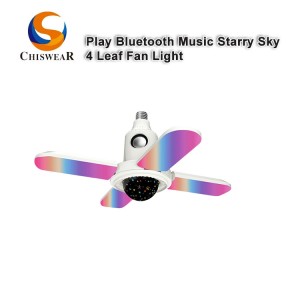 Модна 50W 4 листови LED RGB Шарена и ѕвездено небо, деформабилна ноќна ламба со вентилатор на преклопување со Bluetooth звучник што репродуцира музика