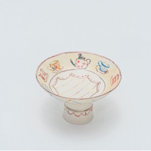 DIY Handmade Hand Painting Ceramic Tall Footed Bowl with Warm Illustration Style  Gift Work Art