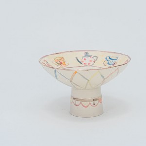DIY Handmade Hand Painting Ceramic Tall Footed Bowl with Warm Illustration Style  Gift Work Art