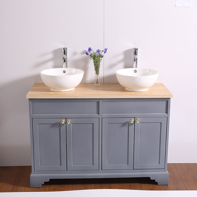 Antique Style Bathroom Vanity Countertop Cabinet Unit, Double Ceramic Basin, and Soft Close Hinges Featured Image