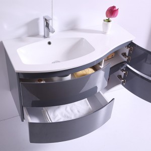 Modern Arcuated Floating Single Sink Bathroom Vanity  with 2 Gloss Grey Painting Drawer Cabinet and Soft Close Runner