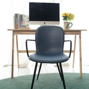 Modern Stylish Minimalist Style Low Back Light Blue Color Faux Leather Dining Room Chairs with Sandy Metal Leg and Arm, Support Wholesale Price