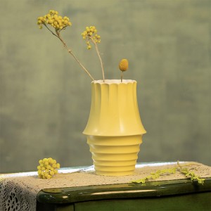Glazed Yellow Ceramic Flower Vase, Texture Ribbed Surface,Ideal type Melt-shaped Art Creative Design Decorative Shape, and Color black, White, Pink, Blue