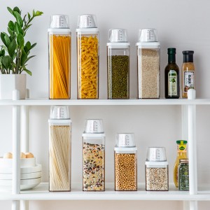 Clear airtight food storage container with measuring cups