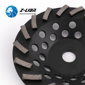 Turbo diamond cup wheel for grinding and leveling of concrete surface along edges, columns etc