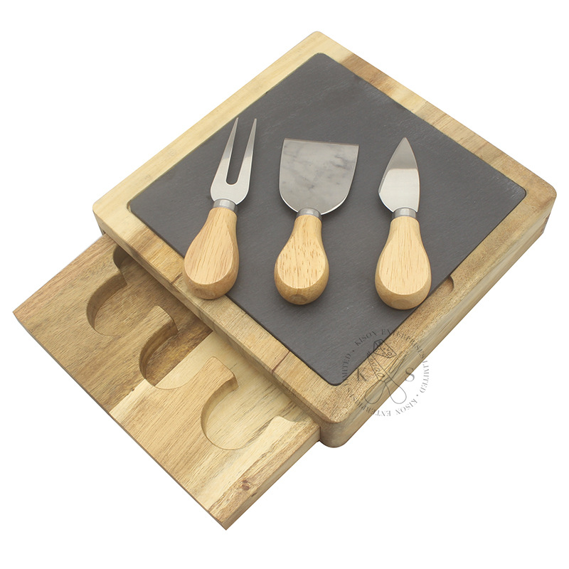New Design Decorative Slate and Wood Cheese Board Set with Cutting Knife and Drawer