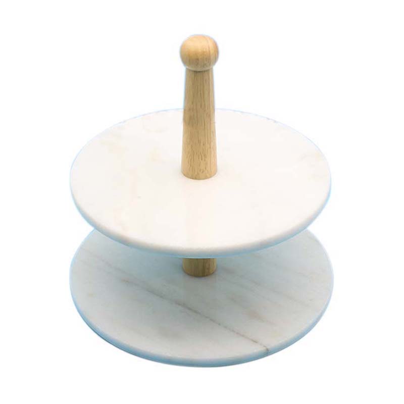 China Factory Wholesale 2 tier New Design Marble 12'' White Cake Stand With Wooden Holder