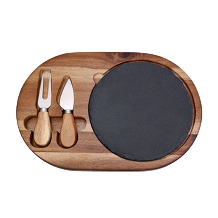 Custom Handmade Natural Black Slate and Wood Cheese Serving Board with Knife Set