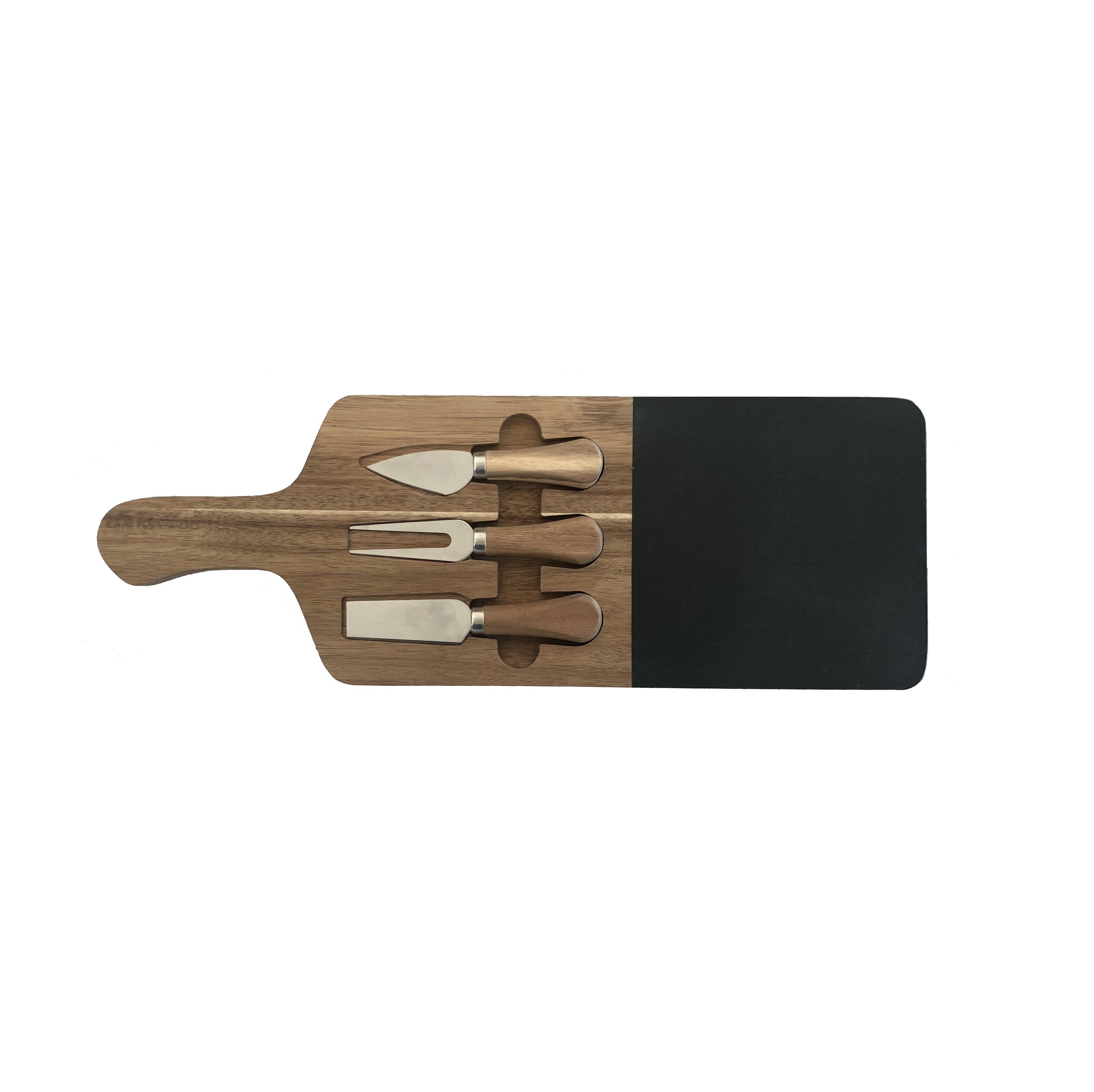 Handmade Customized Wooden Natural Black Stone Food Serving Plate with Cutting Knife Set Featured Image