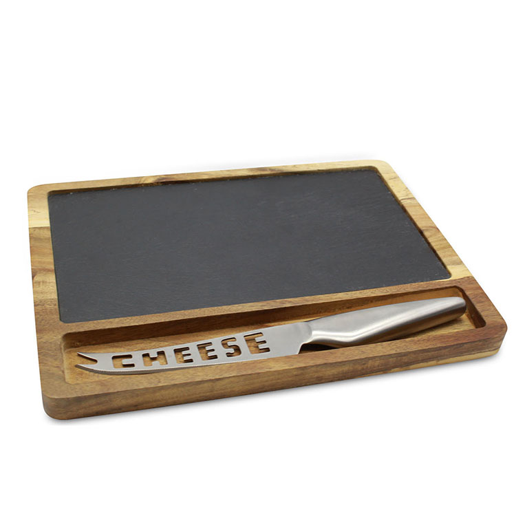 Wholesale Square Acacia Slate Wood Cheese board with Knives