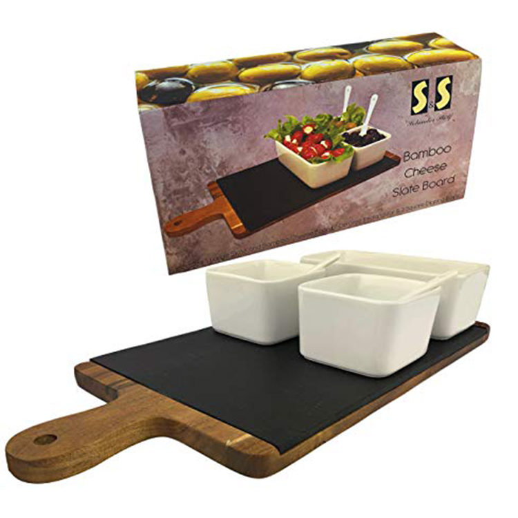 Acacia Slate Serving Board With 4pcs Ceramic Bowls And Color Box Featured Image