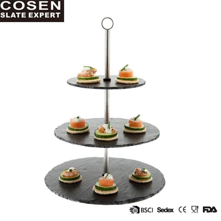China Factory Cosen Direct Wholesale 2 Tier Slate Cake Stand With Glass Dome