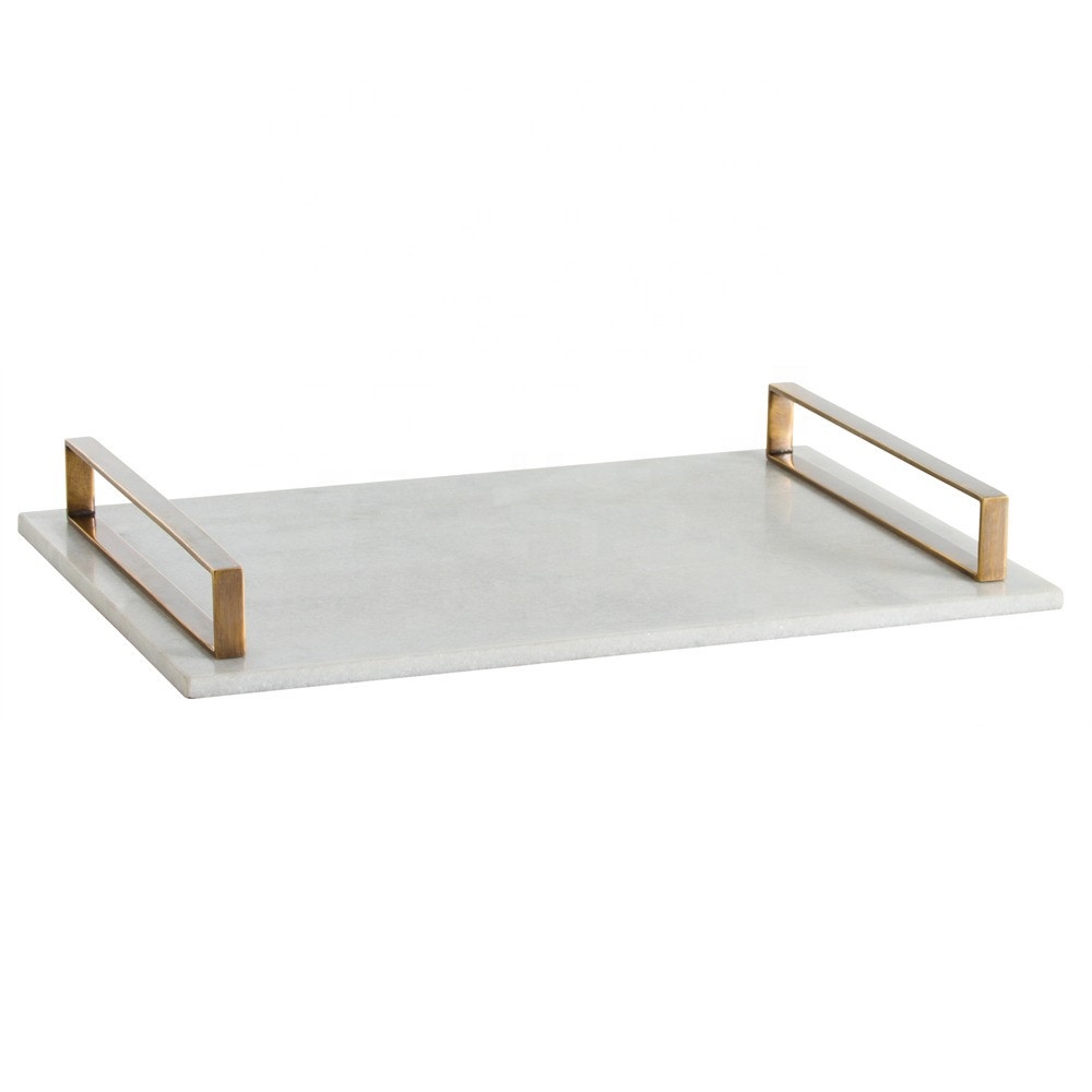Hot selling hotel fancy rectangle marble tray with gold handle