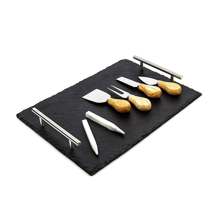 Factory wholesale  natural black slate cheese board with stainless steel handles Featured Image