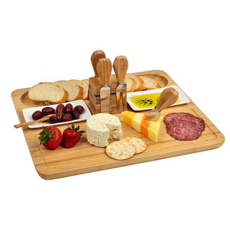 Custom Food Grade Large Kitchen Thick Solid Bamboo Tray For Serving and 4 Cheese Tools