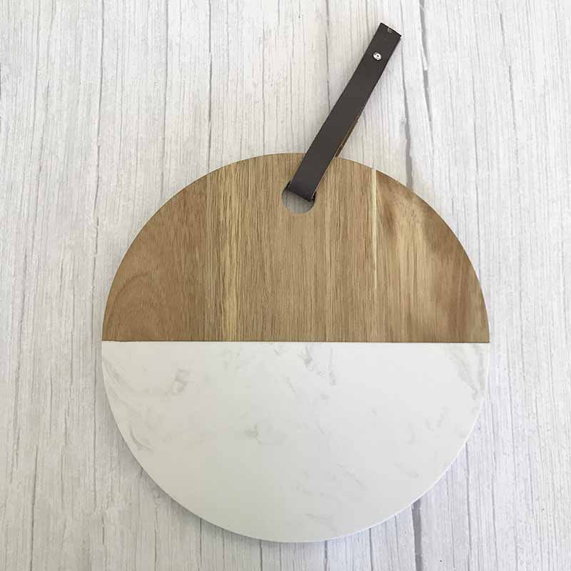 Christmas Present Food Grade Round Acacia Marble Serving Tray With leather Rope