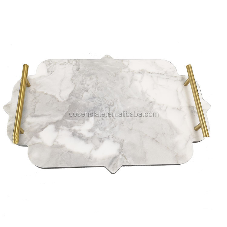White Marble Tray/Decorative Platter with Metal Handles