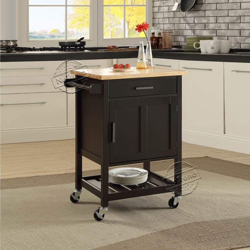 Rubber Wood Top Black Rolling Kitchen Trolley Cart 102053