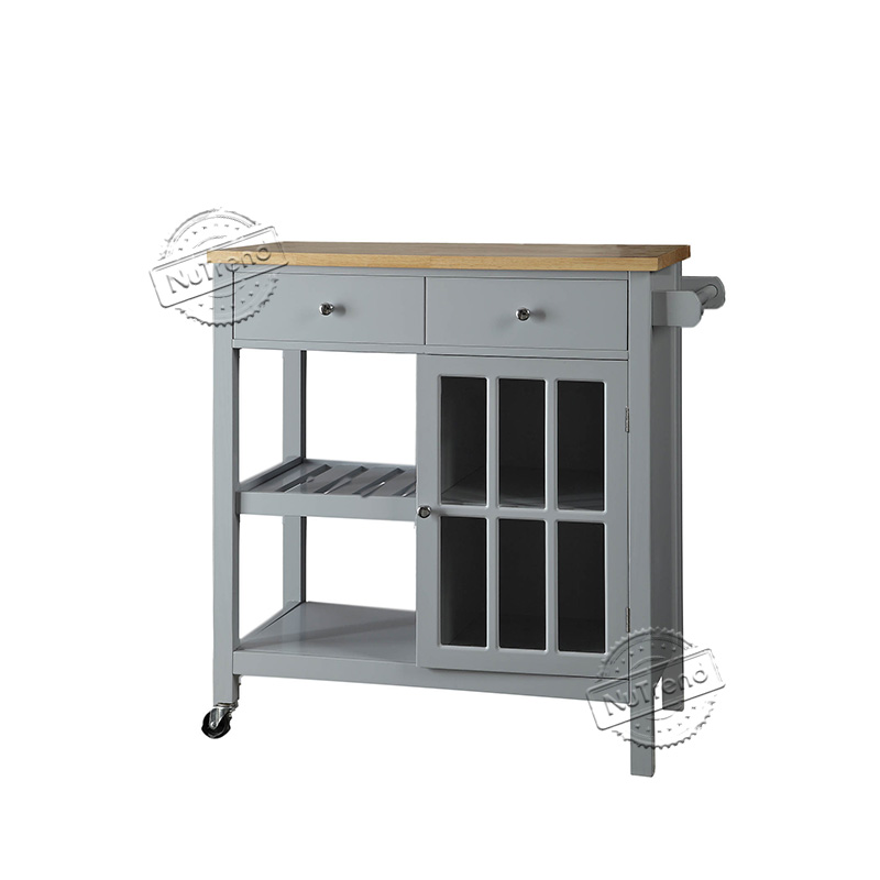 Mobile Kitchen Island Kitchen Storage Cart with Drawers and Glass Door Cabinet 102146
