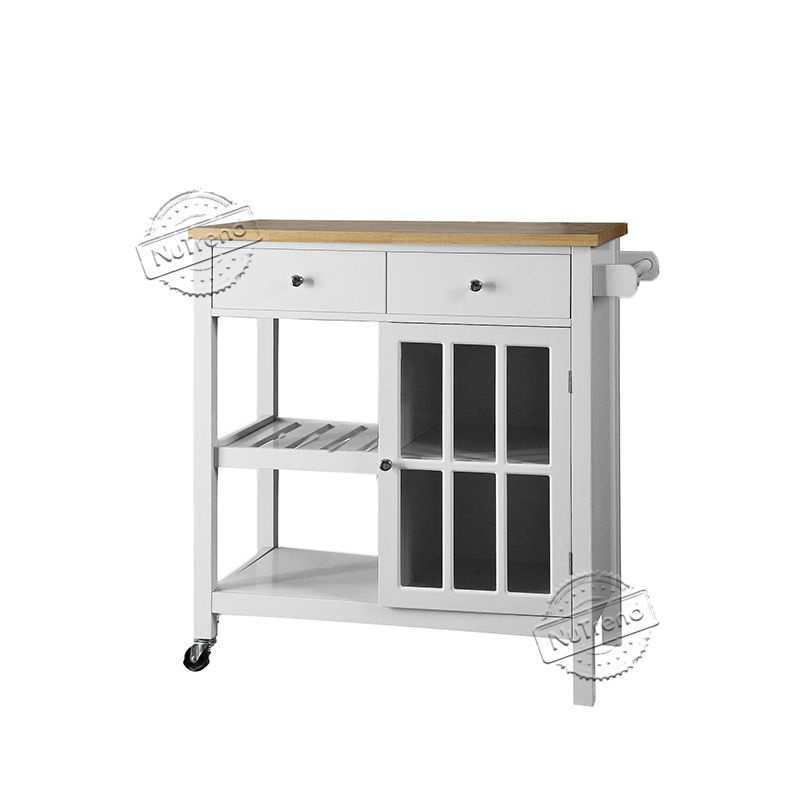 Mobile Kitchen Island Kitchen Storage Cart with Drawers and Glass Door Cabinet 102146