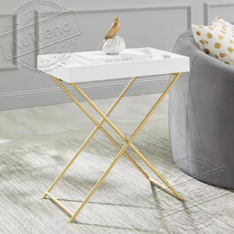 Bedside Tray Table with Removable Top White and Gold Folding Tray Table with Metal X-Style Leg for Small Spaces 201051 Featured Image