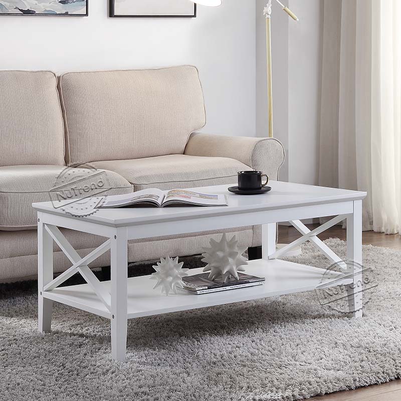 White Coffee Table with Storage Shelf Rectangle Coffee Table with X-Shaped Frame for Living Room 203340 Featured Image
