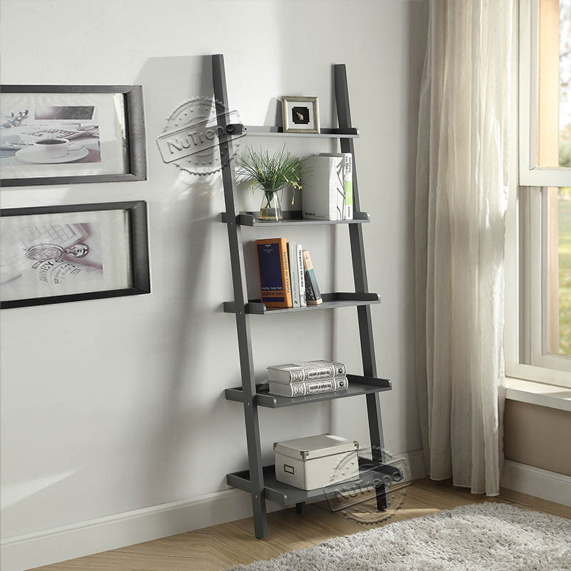 Grey Leaning Ladder Shelf Modern 5 Tier Bookshelf Black Ladder Bookcase for Any Room 502107 Featured Image