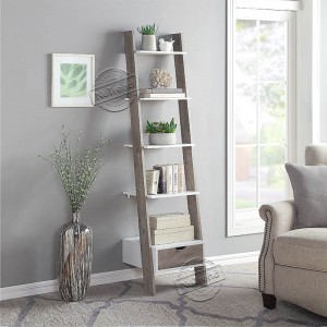 502120 Rustic Grey Wooden Ladder Shelf with Drawer Storage Ladder Bookcase