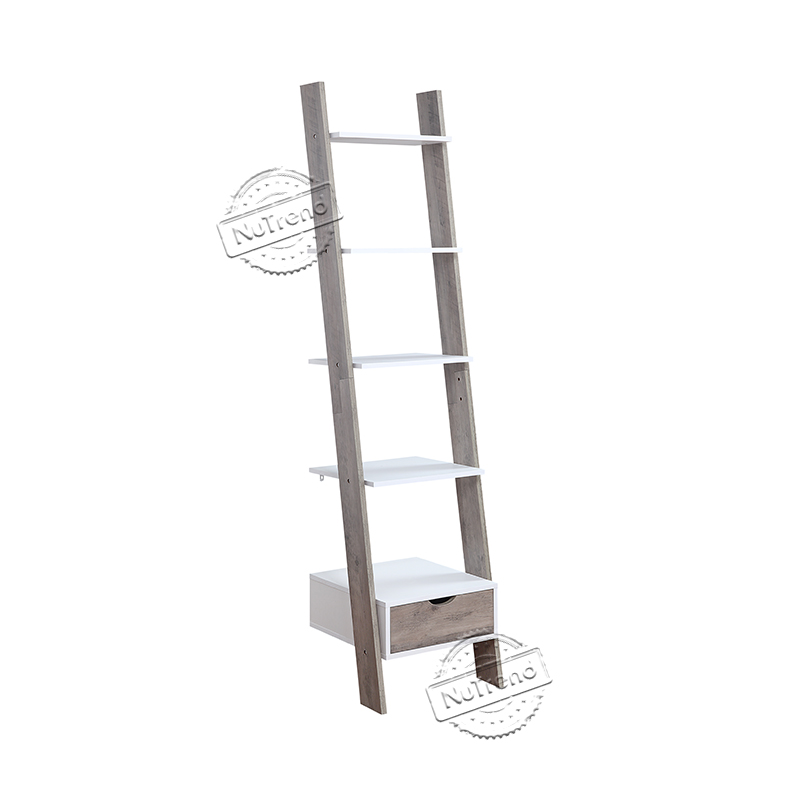 502120 Rustic Grey Wooden Ladder Shelf with Drawer Storage Ladder Bookcase