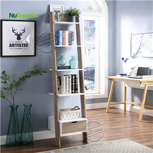 502120 Narrow Wooden Ladder Shelf with Drawer Storage Ladder Bookcase Featured Image