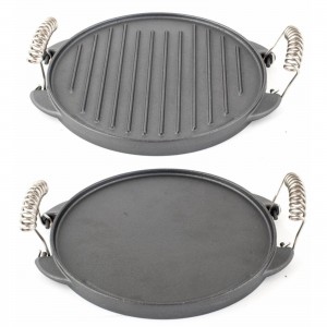 Home kitchen camping pre-seasoned 2-in-1 10 inch cast iron skillet griddle stovetop grill pan with spring handle