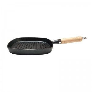 21cm Pre-Seasoned Cast Iron Frying Pan With Ribs And Wooden Handle
