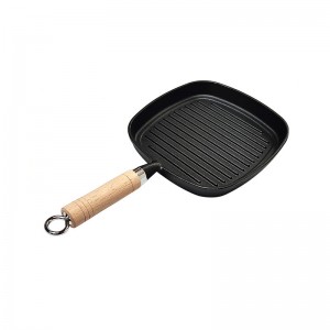 21cm Pre-Seasoned Cast Iron Frying Pan With Ribs And Wooden Handle