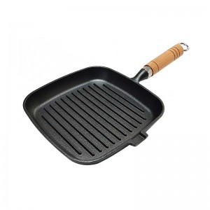 One Oil Pour Port 21cm Pre-Seasoned Cast Iron Frying Pan With Ribs And Wooden Handle