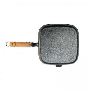 One Oil Pour Port 21cm Pre-Seasoned Cast Iron Frying Pan With Ribs And Wooden Handle