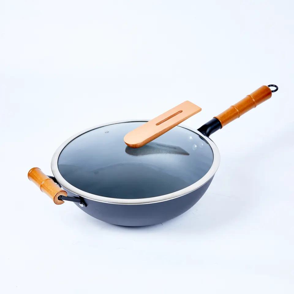 2022 High quality Cast Iron Cookware Skillet - Flat Bottom Glass Lid Cast Iron  Non Stick Wok With Wooden Handle – DEBIEN