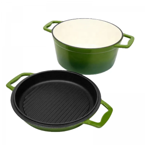 Multi Function Premium Enameled Double Use 2 In 1 Cast Iron Dutch Oven na May Takip ng Kawali
