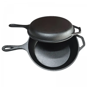 ረጅም እጀታ ቅድመ-ወቅት ያለው Cast Iron Cookware Pan 2 in 1 ከ Flat Bottom ጋር