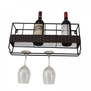 Wall Mounted 6 Wine Rack with 6 Wine Glass Holder Metal & Wicker Woven