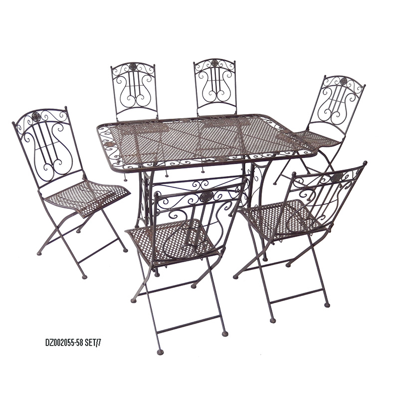 Ensemble de salle à manger en métal, basse électrique, 7 pièces, Table rectangulaire marron rustique, chaise pliante pour cour extérieure