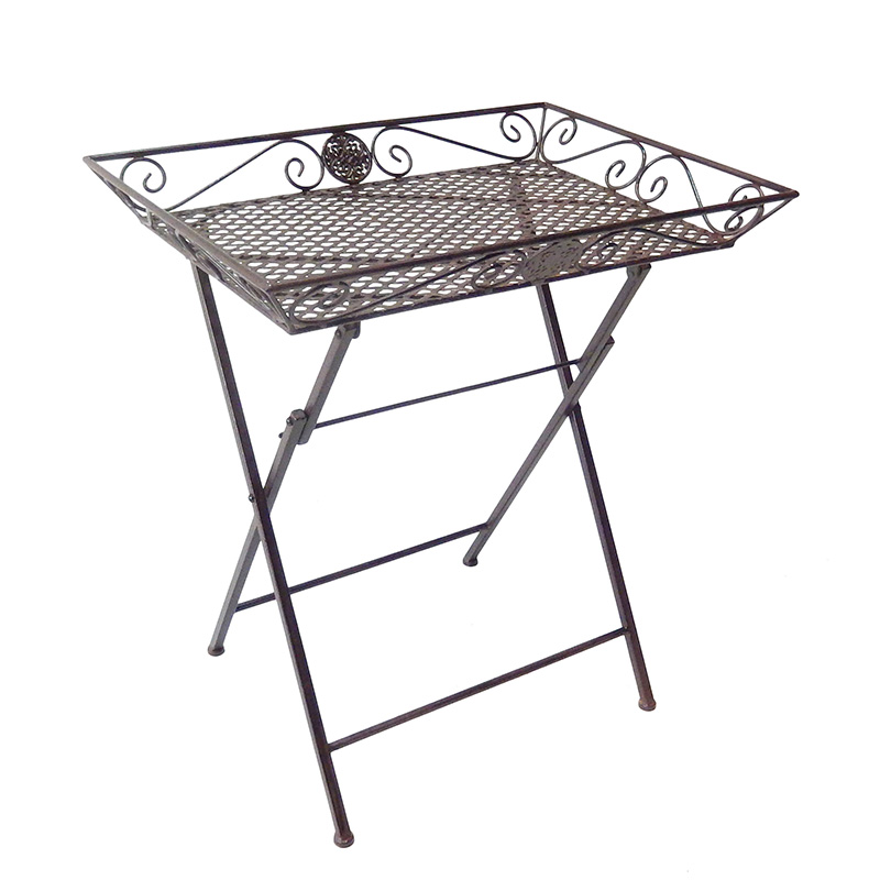 Rustic Folding Metal Tray Table nga adunay Casting Ornament ug S-wire Decor