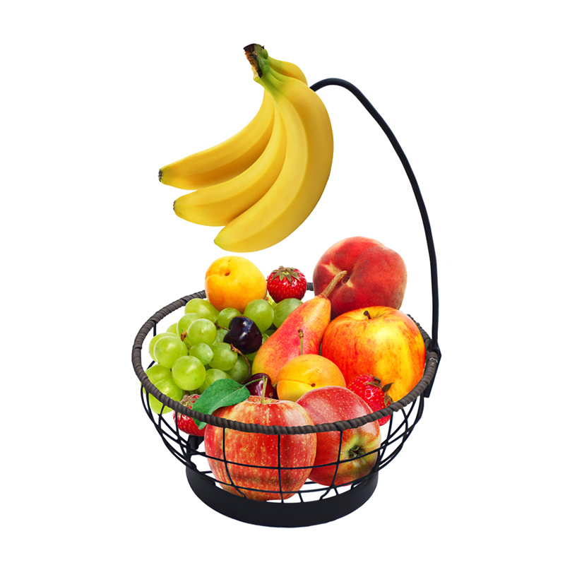 Kerek gyümölcskosár banánakasztóval, fém és fonott fonással otthoni használatra