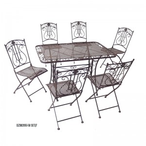 Joc de menjador metàl·lic de 7 peces de baix elèctric, taula rectangular marró rústica, cadira plegable per al pati exterior