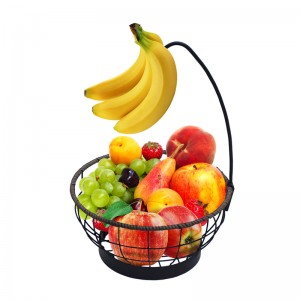 Kulatý košík na ovoce s věšákem na banány z kovu a proutí pro domácí bydlení