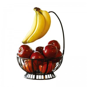 Round Fruit Basket With Banana Hanger Metal & Wicker Woven for Home Living